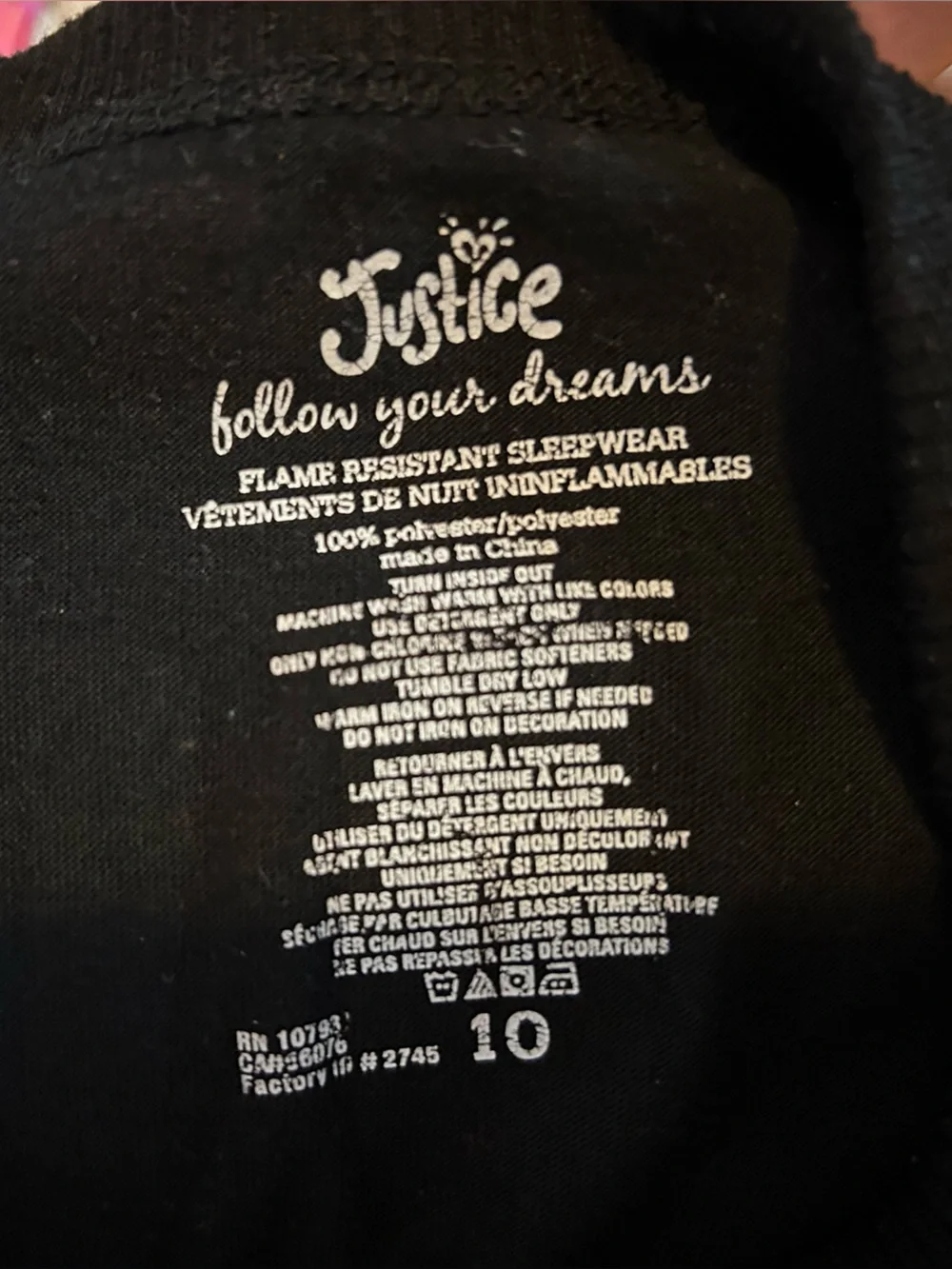 Justice Black Pajama Top with Pink & Yellow Owl Graphics